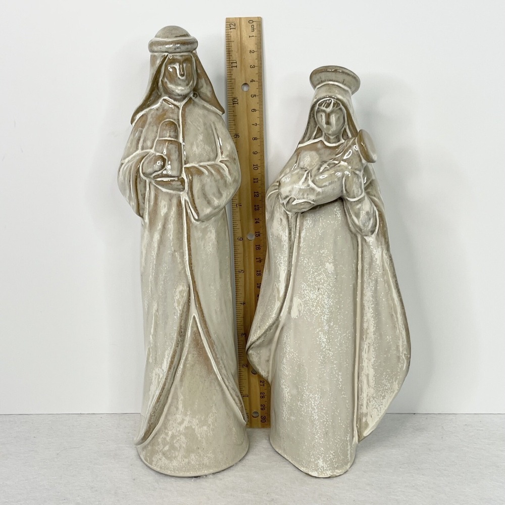 Holy Family Earthenware Glazed Clay Nativity Figurines Set Of 2 Vintage - Picture 13 of 14